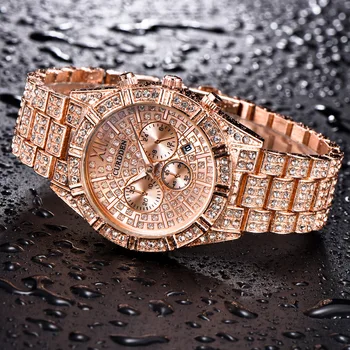 Nauja Hip-Hop Laikrodžiai Vyrams Aukso Top Brand Prabangus Diamond Ledo-iš Kvarco Vyro Riešo Žiūrėti Aukso Plieno, atsparus Vandeniui Data, Laikrodis Dovana