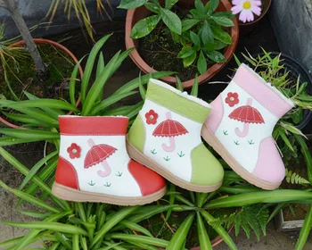 Merginos batai natūralios odos pliušinis pamušalas skėtis gėlės ant žolės smagu batai, raudonos, rausvos, žalios spalvos žiemos nauja kolekcija