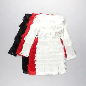 Naujas Tvarstis Suknelė 2020 Ilgomis Rankovėmis, Baltos Spalvos Juodas Raudonas Juosteles Užtrauktukas V Kaklo Bodycon Suknelė Elegantiškas Įžymybė Naktinis Klubas Šalis Suknelė