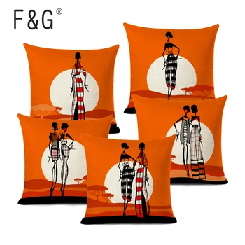 Oranžinė Spalva Afrikos Stiliaus Juoda Moterų Pagalvėlė Padengti Mados Afrikos Mergina Namų Meno Apdailos Sofos Užvalkalas Skalbiniai, Pagalvės Dangtelis