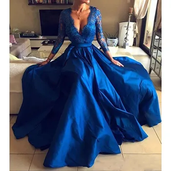 Paprasta Royal Blue Plus Size Ilgai Prom Dresses V Kaklo Nėrinių ilgomis Rankovėmis Priekiniai Padalinta Oficialią Vakaro Suknelės, Šaliai, Suknelės, Su kišenėje