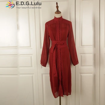 EDGLuLu o-kaklo nėriniai-up balta nėrinių suknelė ilgomis rankovėmis derliaus prašmatnus, seksualus, elegantiškas mygtuką apdailos raudona rudenį suknelė moterims