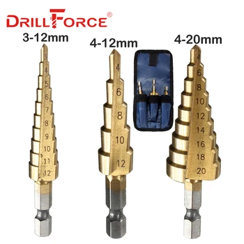 Drillforce 3PC HSS Žingsnis Kūgio Siaurėjantys Grąžtas Nustatyti Skylę Cutter Metrinių 4-12/20/32mm 1/4