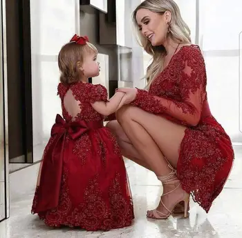 Dvi Suknelės 2020 M. Motina ir Mergina Dress Vyno Raudona Siuvinėjimo Nėrinių Aplikacijos Prabanga Prom Šalis Suknelė
