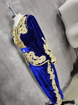 LORIE Mėlyna Velevt Vakaro Suknelės Alžyro karako Moterų Aukso Nėrinių Appliques Duobute Oficialų Prom Šalies Įžymybė, Chalatai 2021
