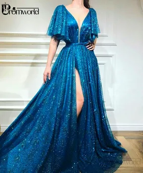 Mados Mėlyna Vakaro suknelės 2020 Unikalus Brangioji Bžūp Rankovėmis Priekiniai Split-line Blizgučiais vestidos de gala Promenadzie Suknelė Ilgai