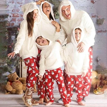 Šeimos Atitikimo Kalėdų Pižama Komplektas 2vnt Pliušinis Žiemą Šiltas Vyrai Moterys Vaikas Tėvų-vaikų Drabužių Sleepwear naktiniai drabužiai Pajymas Naujas