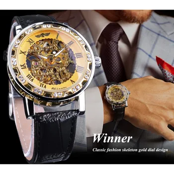 Nugalėtojas Mados Aukso Skeleton Laikrodis Deimantų Dizaino Sidabro Atveju Šviesos Rankas vyriški Mechaniniai Rankiniai Laikrodžiai Top Brand Prabanga