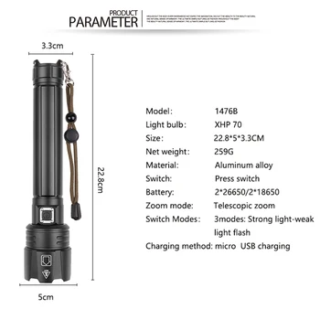 Pocketman Naujas USB Įkraunamas Žibintuvėlis XHP70 LED Taktinis Žibintuvėlis Zoom Žibintuvėlis atsparus Vandeniui Vertus, Atsižvelgiant Naudoja 18650 Bateriją