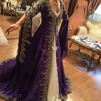 Arabų Nėrinių ilgomis Rankovėmis Prom Dresses Su siuvinėjimo Dubajaus Musulmonų Šalis Suknelės Spalvingi Violetinė turkijos Vakarą Oficialią Chalatai