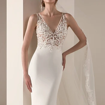 Minkšto Satino seksualus V-kaklo backless boho Vestido De Noiva balto dramblio kaulo Undinė Nuotaka Vestuvių Suknelės Luxyry nėrinių 2020 naujos Nuotakos Suknelė