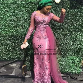 2020 Aso Ebi Fuksija Nėrinių Undinė Prom Dresses Su Tiulio Elegantiškas Visiškai Rankovėmis, Ilgas Afrikos Prom Chalatai Appliques Šalis Suknelės
