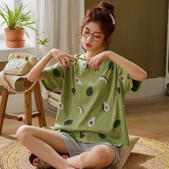 Žalia Sleepwear Rinkiniai Moterims Mielas Avokado Modelio Pižama, Medvilnės Trumpos Namų Drabužiai Karšto Pardavimo Apatiniai Pjamas