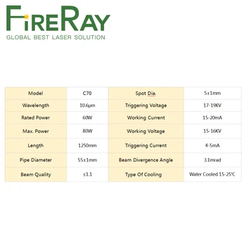 Fireray 60W Co2 Lazeriu Stiklinis Vamzdelis Ilgis 1250mm Dia. 55mm Atnaujintas Metalo Galvos Stiklo Vamzdis, CO2 Lazerinis Graviravimas Pjovimo Staklės