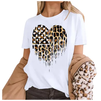 2020 m. Amerikos nepriklausomybės dieną, Moterys, Merginos Apvalios Kaklo trumpomis Rankovėmis Širdies Leopard Print T-Shirt Viršuje Blusas футболки