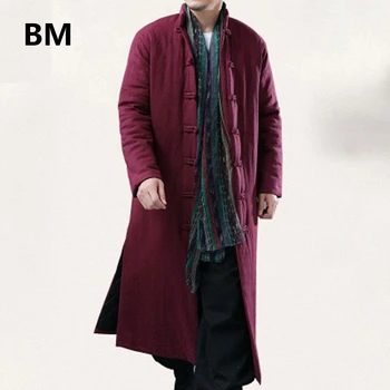 Žiemos pailgino medvilnės Ilgai drabužiai Kinijos retro Nacionalinės Stiliaus Vyrų medvilnė paminkštinimas Skraiste vientisos spalvos laisvalaikio stovėti apykaklės Skraiste