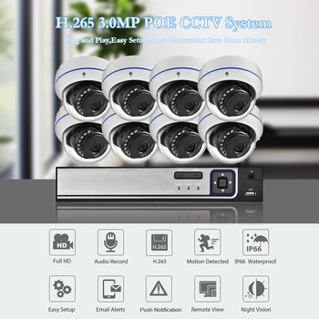 AZISHN Sprogimų H. 265 8CH 3MP POE Saugumo kamerų Sistema, NVR, Rinkinys Audio IP Kamera Patalpų ir Lauko Stebėjimo kamerų NVR Rinkinys