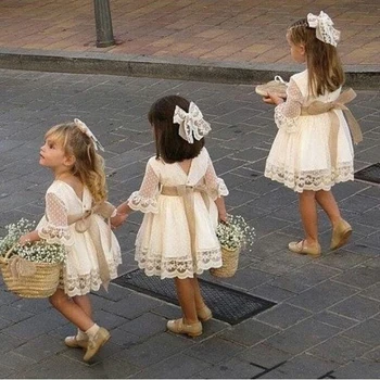 Pavasario Mergaitės Bridesmaid, Balta Suknelė Kūdikių Bamblys Vaikams Kelio Ilgis Mados Šalis Nėrinių Ilgomis Rankovėmis Lankas Princesė Vestuvių Suknelės