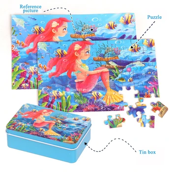 60pcs/box Geležies pakuotėje vaikų mediniai animacinių filmų derinys puzzle Undinė Kūdikių darbalaukio Įterpti žaislai Vaikų švietimo žaislai