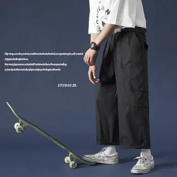 Vasaros Atsitiktinis Kelnės, vyriškos Mados Solid Color Multi-pocket darbo drabužiai Vyrams Streetwear laukiniai Laukiniai Hip-hop Prarasti Tiesiai Pants Mens
