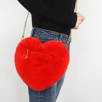 Moteris triušio kailio Širdies formos kosmetikos maišą Aukso grandinės Spalvinga Furry sankaba paprasta mados highgrade prabangus krepšys Telefono maišelį m02