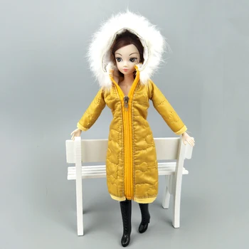 Geltona Žiemos Ilgas Kailis Barbie Doll Suknelė Drabužius Parko Už 1/6 BJD Doll Žiemą Dėvėti Striukė 1:6 Lėlės Priedai Vaikams, Žaislas