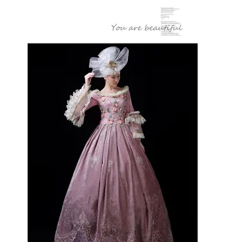 Moterų Cosplay Viduramžių suknelė šalis maskuotis kamuolys suknelė suknelė Rožinės spalvos off peties Viktorijos suknelė, kostiumas su skrybėlę