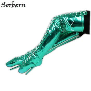 Sorbern Metallic Green Vidurio Šlaunų auliniai Batai Moterims Baleto adatos (Stiletai) 18Cm Moterų Batai 44 Užsakymą Kojų Matavimo Avalynė Sm Įkrovos