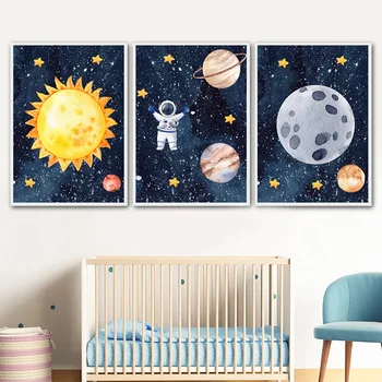 Kosmoso Planetos Raketų Astronautas Star Sun Moon Sienos Meno Tapybos Drobės Šiaurės Plakatas Ir Spausdina Sienos Nuotraukas Kūdikių Vaikai Kambario Dekoro