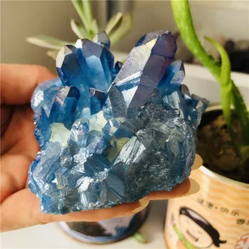 Mėlyna Aura kristalų sankaupos kvarco titano aura gėlių natūralių akmenų ir mineralų, akmenų dekoracija namuose
