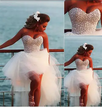 Hi Low Vestido De Noiva Vestuvių Suknelės-line Brangioji Tiulio Perlai Trumpas Paplūdimys, Dubajaus arabų Vestuvių Suknelė Nuotakos
