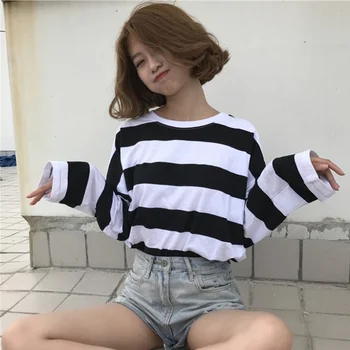 Harajuku Moterų Ilgas Rankovėmis Marškinėliai Korėjos Negabaritinių Stripe T Rudenį Ulzzang Kawaii Rožinė Mėlyna Juoda Pagrindinio Tees Atsitiktinis Viršūnės