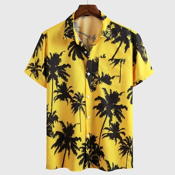 Vasaros Marškinėliai Vyrams Atsitiktinis Geltona kokoso Spausdinimo Mygtukas Paplūdimys Marškinėliai trumpomis Rankovėmis Prarasti Viršuje Vasaros Paplūdimio Marškinėliai Chemise Homme