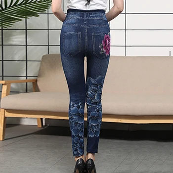 Sfit Moterų Šilumos Antblauzdžiai Moterims Dirbtiniais Džinsinio Džinsus Ponios Besiūlių Gėlių Spausdinti Seksualus, Pilnas Kelnės Plius Dydis Streetwear Jean