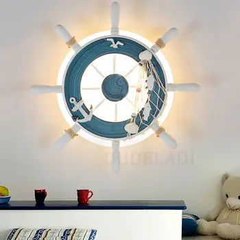 Viduržemio jūros regiono stiliaus dekoratyvinės sienų lempa, medinis vairas vairininkas laivo vairo kavinė šeimų Vaikų kambario dekoravimas